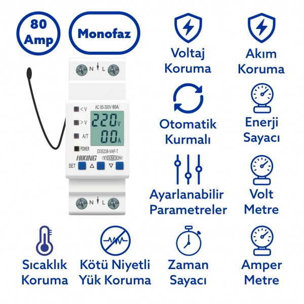 Tomzn Hiking Sıcaklık Korumalı Voltaj ve Akım Koruma Rölesi 80A Dahili Kontaktör Elektrik Bekçisi