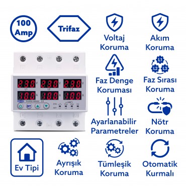 Tomzn Ayrışık Voltaj ve Akım Koruma Rölesi Gerilim Koruyucu 100A 3 Fazlı - Ev Tipi Trifaz
