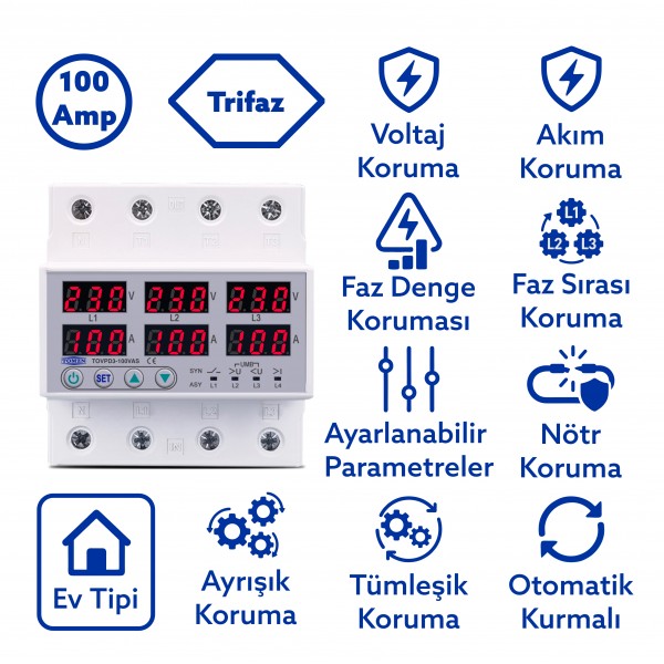 Tomzn Ayrışık Voltaj ve Akım Koruma Rölesi Gerilim Koruyucu 100A 3 Fazlı - Ev Tipi Trifaz