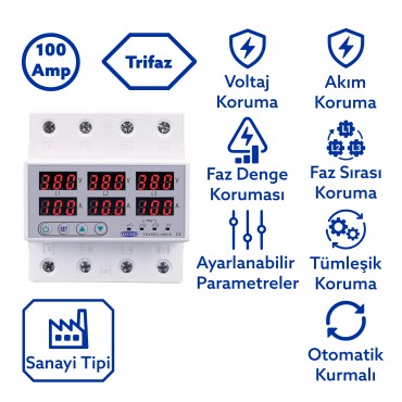 Tomzn Trifaz 380V 100A Gerilim ve Akım Koruma Rölesi Yüksek Alçak Voltaj Koruyucu Röle - Sanayi Tipi