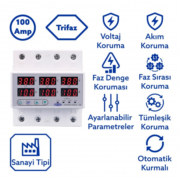 Tomzn Trifaz 380V 100A Gerilim ve Akım Koruma Rölesi Yüksek Alçak Voltaj Koruyucu Röle - Sanayi Tipi