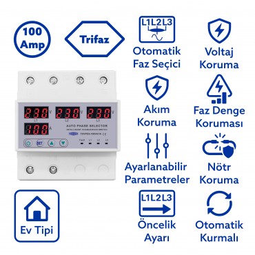 Tomzn Otomatik Faz Seçici Ve Yüksek Alçak Voltaj Akım Koruma Rölesi 220v 100A