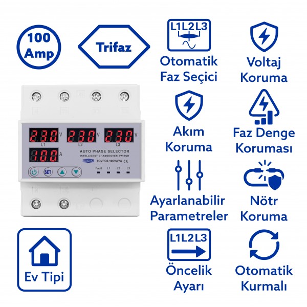 Tomzn Otomatik Faz Seçici Ve Yüksek Alçak Voltaj Akım Koruma Rölesi 220v 100A