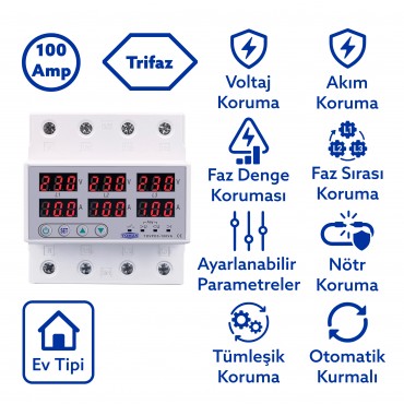 Tomzn Trifaz Gerilim ve Akım Koruma Rölesi Yüksek Alçak Voltaj Koruyucu Röle 220V 100A 3Faz