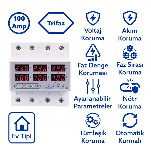 Tomzn Trifaz Gerilim ve Akım Koruma Rölesi Yüksek Alçak Voltaj Koruyucu Röle 220V 100A 3Faz
