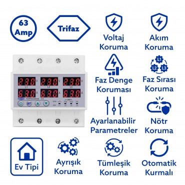 Tomzn Gerilim Ve Akım Koruma Rölesi Voltaj Koruyucu 63A 3 Fazlı - Ev Tipi - Ayrışık Faz Koruma