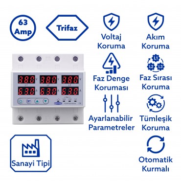 Tomzn Trifaz Nötrsüz 380V Gerilim Ve Akım Koruma Yüksek Alçak Voltaj Akım Koruma 63A Sanayi Tipi
