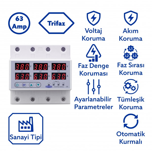 Tomzn Trifaz Nötrsüz 380V Gerilim Ve Akım Koruma Yüksek Alçak Voltaj Akım Koruma 63A Sanayi Tipi