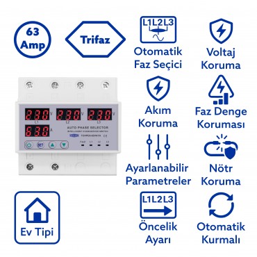 Tomzn Otomatik Faz Seçici ve Yüksek Alçak Voltaj Akım Koruma Rölesi 63A Dahili Kontaktör
