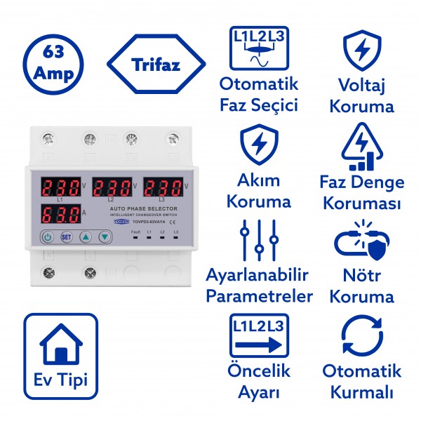 Tomzn Otomatik Faz Seçici ve Yüksek Alçak Voltaj Akım Koruma Rölesi 63A Dahili Kontaktör