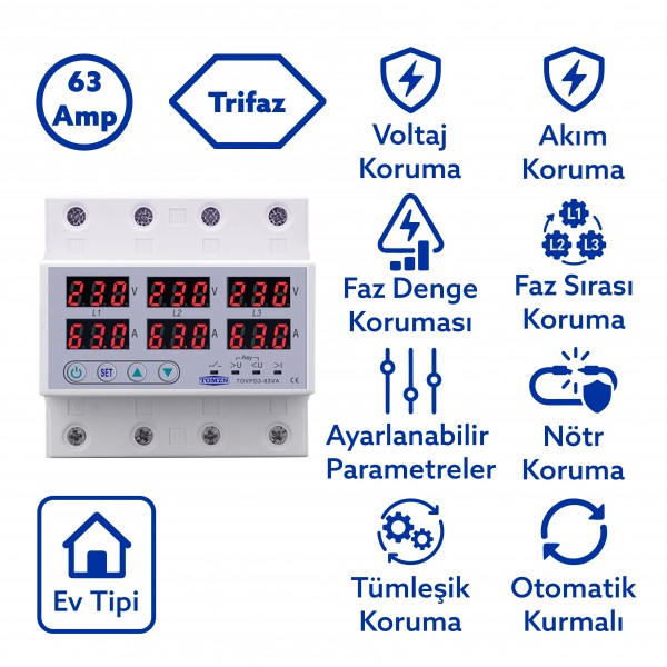 Tomzn Trifaz Gerilim ve Akım Koruma Rölesi Yüksek Alçak Voltaj Koruyucu Röle 63A 3 Fazlı - Ev Tipi