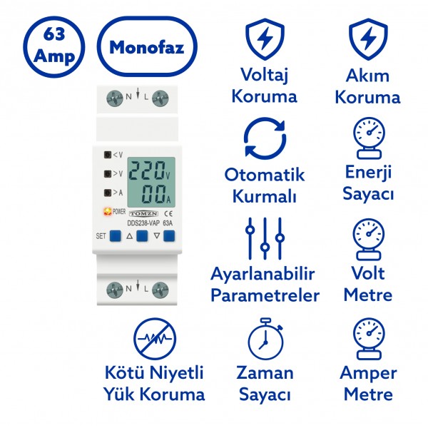 Tomzn Hiking Voltaj ve Akım Koruma Rölesi Yüksek Alçak Gerilim  ve Akım Koruyucu Röle 63A