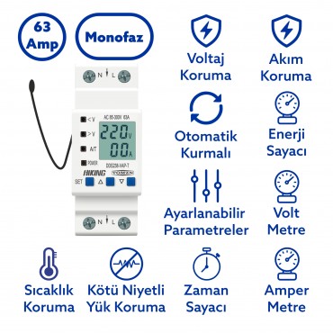 Tomzn Hiking Sıcaklık Korumalı Voltaj ve Akım Koruma Rölesi 63A Dahili Kontaktör Elektrik Bekçisi Tomzn Hiking Sıcaklık Korumalı Voltaj ve Akım Koruma Rölesi 63A Dahili Kontaktör Elektrik Bekçisi