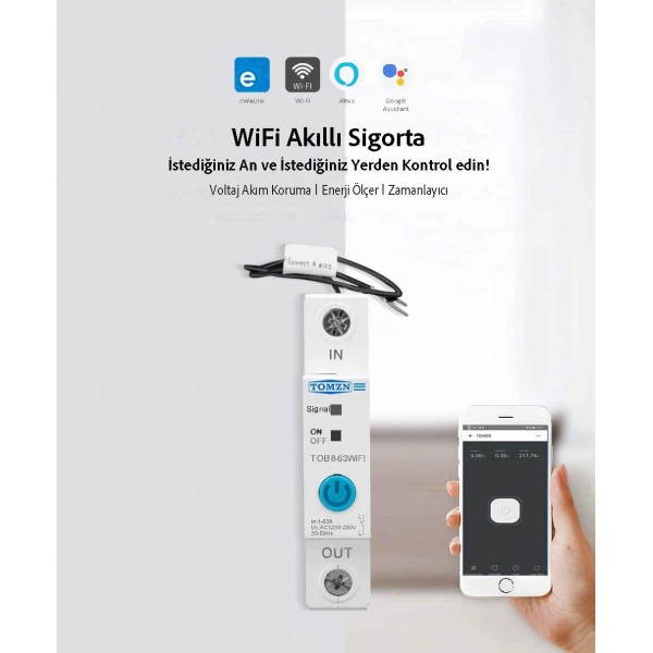 Tomzn WiFi Akıllı Voltaj ve Akım Koruma Rölesi, Dahili Enerji Ölçer 63A eWelink Uyumlu - Tek Kutup