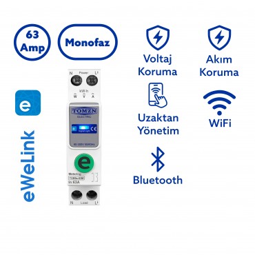 Tomzn Akıllı Voltaj ve Akım Koruma Rölesi, WiFi Özellikli Dahili Enerji Ölçer 63A eWelink Uyumlu