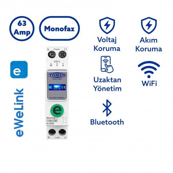 Tomzn Akıllı Voltaj ve Akım Koruma Rölesi, WiFi Özellikli Dahili Enerji Ölçer 63A eWelink Uyumlu