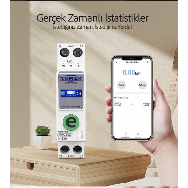 Tomzn Akıllı Voltaj ve Akım Koruma Rölesi, WiFi Özellikli Dahili Enerji Ölçer 63A eWelink Uyumlu