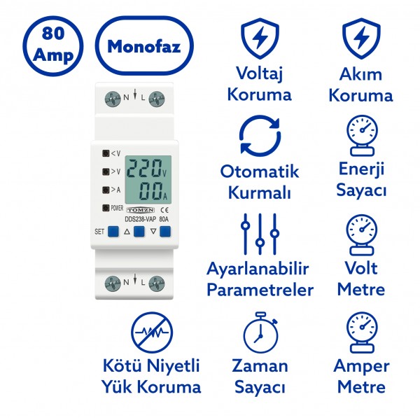 Tomzn Hiking Voltaj ve Akım Koruma Rölesi Yüksek Alçak Gerilim  ve Akım Koruyucu Röle 80A