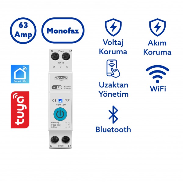 Tomzn WiFi Özellikli Akıllı Sigorta Dahili Enerji Ölçerli Zaman Rölesi 63A