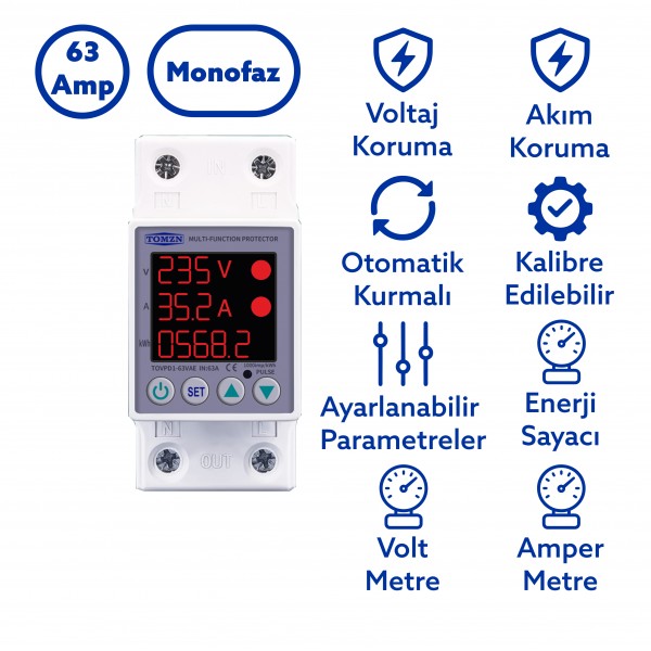 Tomzn Gerilim ve Akım Koruma Rölesi Yüksek Düşük Voltaj Akım Koruyucu 63A Enerji Ölçerli
