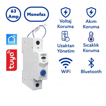 Tomzn Akıllı Voltaj ve Akım Koruma Rölesi, Sıcaklık Korumalı WiFi SmartLife Tuya 63A - Tek Kutup