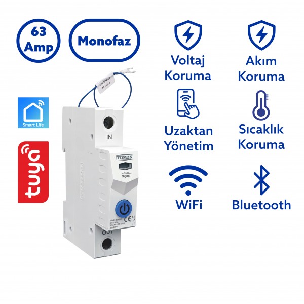 Tomzn Akıllı Voltaj ve Akım Koruma Rölesi, Sıcaklık Korumalı WiFi SmartLife Tuya 63A - Tek Kutup